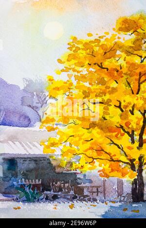 Painting  landscape watercolor original  colorful of golden tree flowers with wooden house and emotion in blue sky background Stock Photo