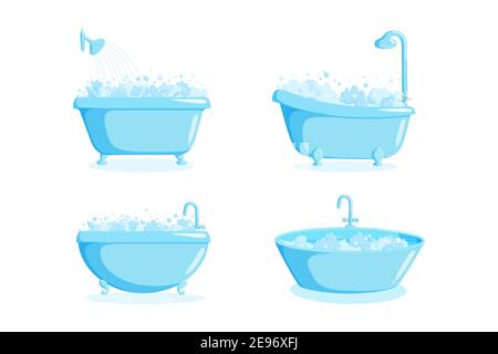Bathtub with faucet and shower equipment. Set of different tubs with bubbles and suds isolated on white background. Vector illustration in cartoon Stock Vector