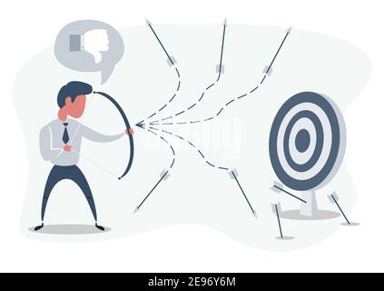 Man or businessman shooting arrow at target with bow and missing. Business concept of failure. Stock Vector