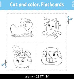 Cut and color. Flashcard Set. Coloring book for kids. Cute cartoon character. Black contour silhouette. St. Patrick's day. Isolated on white backgroun Stock Vector