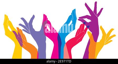 Many hands gesticulate different symbols, banner teamwork, open hands. Solidarity concept, background. Colorful hands are stretching upwards. Stock Vector