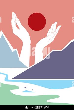 Mountains, trees, plants, sun, sea, boat. Hands creating. Cool Backgrounds. Paper cut style. Hands showing the symbol of creation and creativity. Stock Vector