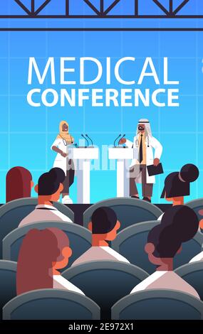 arabic doctors couple giving speech at tribune with microphone medical conference meeting medicine healthcare concept lecture hall interior vertical vector illustration Stock Vector
