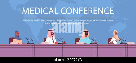 team of arabic doctors giving speech at tribune with microphone on medical conference medicine healthcare concept world map background horizontal portrait copy space vector illustration Stock Vector