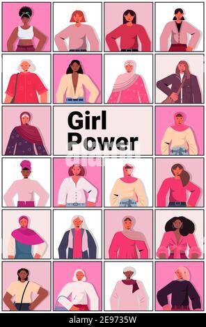 set mix race girls avatars female empowerment movement women's power union of feminists concept vertical portrait vector illustration Stock Vector