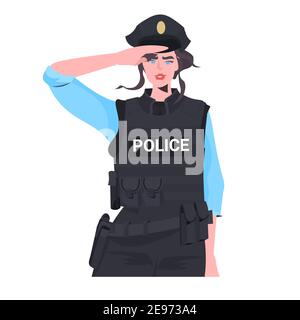 policewoman in tactical gear riot police officer standing pose protesters and demonstration control concept portrait vector illustration Stock Vector