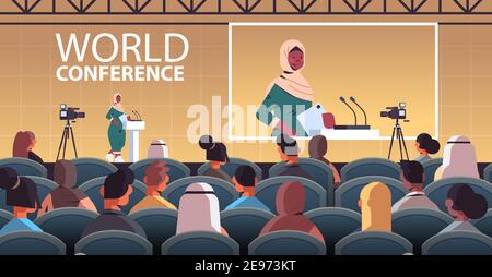 arab female doctor giving speech at tribune with microphone medical conference meeting medicine healthcare concept lecture hall interior horizontal vector illustration Stock Vector