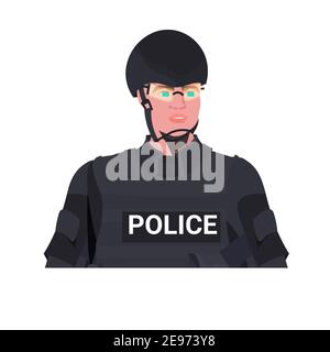 policeman in full tactical gear riot police officer holding baton protesters and demonstration riots mass control concept portrait vector illustration Stock Vector