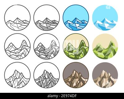 Mountain line art polygon vector illustration. Linear,shadow,colored line,flat styles. Design in round shape and copy space for decoration and logo de Stock Vector