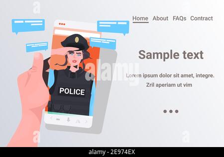 human hand using smartphone chatting with policewoman during video call online communication concept portrait horizontal copy space vector illustration Stock Vector