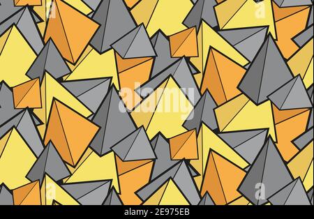 Seamless cartoon texture with 3d pyramids in trendy colors. Multi-colored contour prisms. Childrens bright fabric. Wallpaper with geometric shapes. Stock Vector