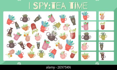 I spy game. Educational entertainment for preschool and younger school age. Spring cups of herbal teas. Flat cartoon style. How many items. Counting o Stock Vector