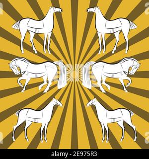 White horses silhouettes set. Mustangs three pairs on yellow and mustard rays background. White colored silhouettes with black outlines. Stallions Stock Vector