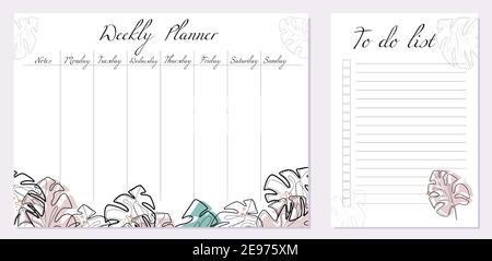 Set of day organization templates with abstract monstera leaves. Weekly planner and to-do list. Tropical monoline foliage with colored spots. Setting Stock Vector