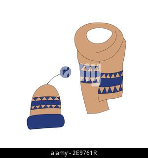 Set with winter accessories: hat and scarf. Cute vector winter warm knitted clothes collection in cartoon style. Christmas vector illustration Stock Vector