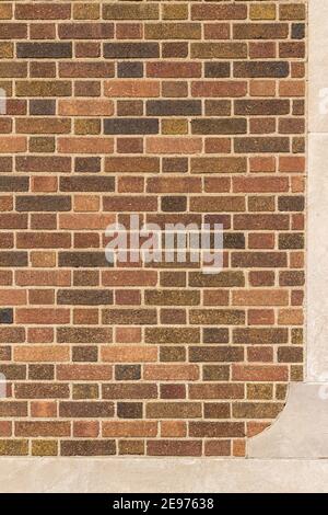 Vintage textured brick wall background in Flemish bond pattern with bricks in multiple shades of brown and beige, and a white stone moulding Stock Photo