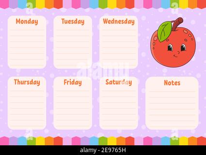 School schedule. Timetable for schoolboys. Empty template. Weekly planer with notes. Isolated color vector illustration. Cartoon character. Stock Vector