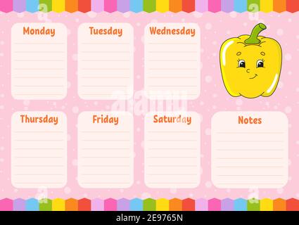 School schedule. Timetable for schoolboys. Empty template. Weekly planer with notes. Isolated color vector illustration. Cartoon character. Stock Vector