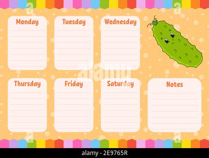 School schedule. Timetable for schoolboys. Empty template. Weekly planer with notes. Isolated color vector illustration. Cartoon character. Stock Vector