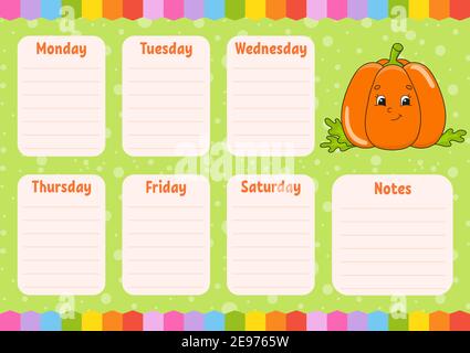 School schedule. Timetable for schoolboys. Empty template. Weekly planer with notes. Isolated color vector illustration. Cartoon character. Stock Vector
