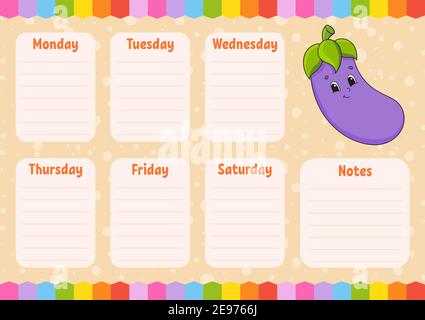 School schedule. Timetable for schoolboys. Empty template. Weekly planer with notes. Isolated color vector illustration. Cartoon character. Stock Vector
