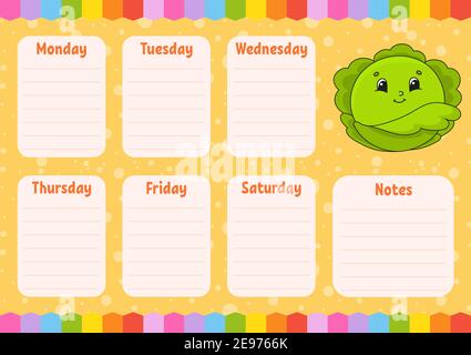 School schedule. Timetable for schoolboys. Empty template. Weekly planer with notes. Isolated color vector illustration. Cartoon character. Stock Vector