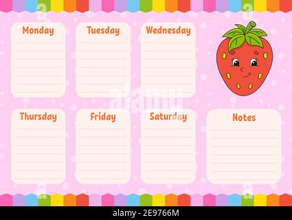 School schedule. Timetable for schoolboys. Empty template. Weekly planer with notes. Isolated color vector illustration. Cartoon character. Stock Vector