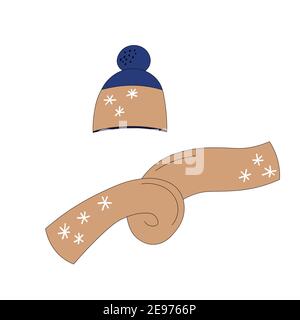 Set with winter accessories: hat and scarf. Cute vector winter warm knitted clothes collection in cartoon style. Christmas vector illustration Stock Vector