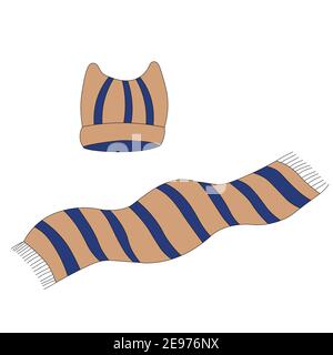 Set with winter accessories: hat and scarf. Cute vector winter warm knitted clothes collection in cartoon style. Christmas vector illustration Stock Vector