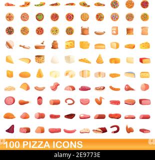 100 pizza icons set. Cartoon illustration of 100 pizza icons vector set isolated on white background Stock Vector