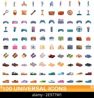 100 universal icons set. Cartoon illustration of 100 universal icons vector set isolated on white background Stock Vector