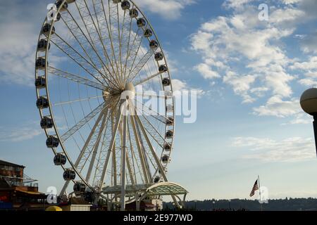 Seattle, WA-09.01.18: Close up of the Seattle's Great Ferris Wheel near Pike Place market and the Seattle aquarium. Stock Photo