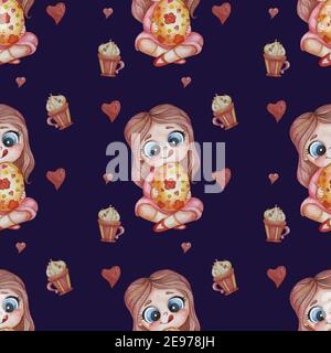 Seamless patterns. Easter pattern. A cute girl with a hairstyle sits with a large Easter egg in her hands and licks her lips on a dark blue background Stock Photo