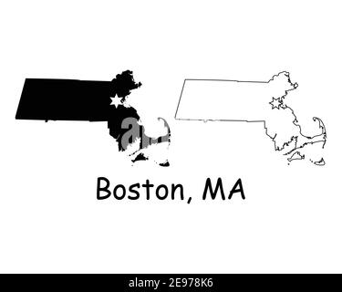 Massachusetts MA state Map USA with Capital City Star at Boston. Black silhouette and outline isolated on a white background. EPS Vector Stock Vector