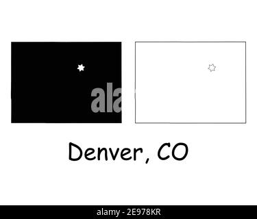 Colorado CO state Map USA with Capital City Star at Denver. Black silhouette and outline isolated maps on a white background. EPS Vector Stock Vector