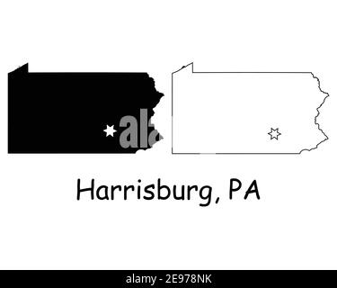 Pennsylvania PA state Map USA with Capital City Star at Harrisburg. Black silhouette and outline isolated on a white background. EPS Vector Stock Vector