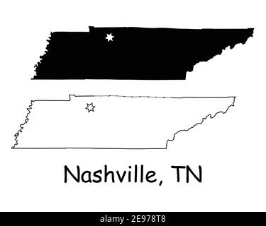 Tennessee TN state Map USA with Capital City Star at Nashville. Black silhouette and outline isolated maps on a white background. EPS Vector Stock Vector