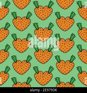 Food creative background Carrot seamless pattern. Hand drawn vegetables texture Carrot design on green. Vector. Stock Vector