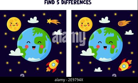 Find five differences between pictures. Earth and moon illustration. Stock Vector