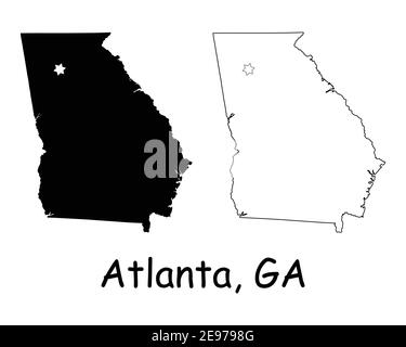 Georgia GA state Map USA with Capital City Star at Atlanta. Black silhouette and outline isolated on a white background. EPS Vector Stock Vector