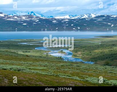 Beautiful Meandering River delta LaddeJahka flowing out Vastenjaure Stock Photo