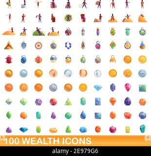 100 wealth icons set. Cartoon illustration of 100 wealth icons vector set isolated on white background Stock Vector