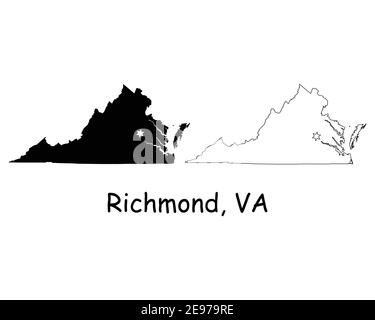 Virginia VA state Map USA with Capital City Star at Richmond. Black silhouette and outline isolated maps on a white background. EPS Vector Stock Vector