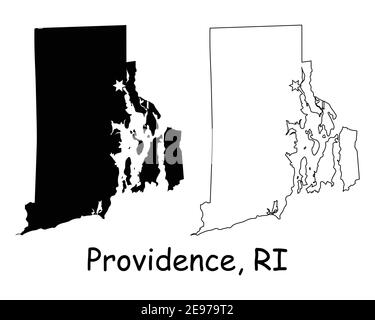 Rhode Island RI state Map USA with Capital City Star at Providence. Black silhouette and outline isolated on a white background. EPS Vector Stock Vector