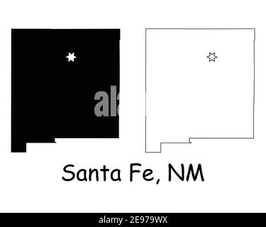 New Mexico NM state Map USA with Capital City Star at Santa Fe. Black silhouette and outline isolated on a white background. EPS Vector Stock Vector