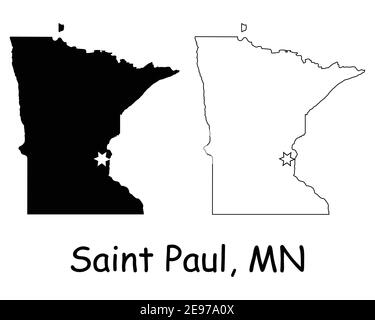Minnesota MN state Map USA with Capital City Star at Saint Paul. Black silhouette and outline isolated on a white background. EPS Vector Stock Vector