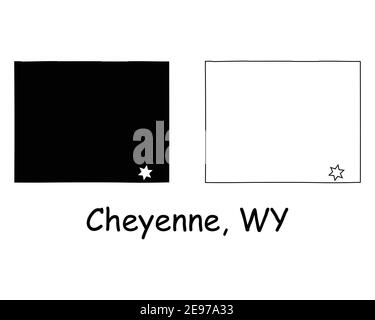 Wyoming WY state Map USA with Capital City Star at Cheyenne. Black silhouette map and outline map on a white background. EPS Vector Stock Vector