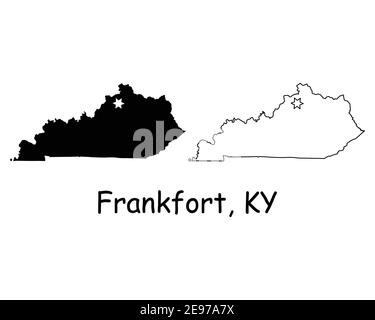 Kentucky KY state Map USA with Capital City Star at Frankfort. Black silhouette and outline isolated on a white background. EPS Vector Stock Vector