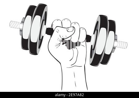 Human hand holding dumbbells, sports themed illustration. Stock Vector