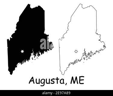 Maine ME state Map USA with Capital City Star at Augusta. Black silhouette and outline isolated on a white background. EPS Vector Stock Vector